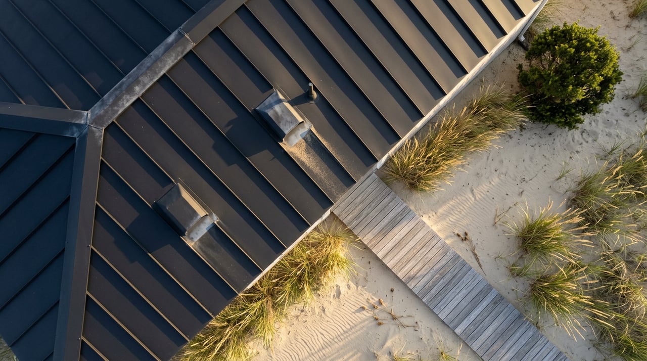 Black standing-seam roof with two vents casting long shadows over a sandy yard and diagonal cedar boardwalk.