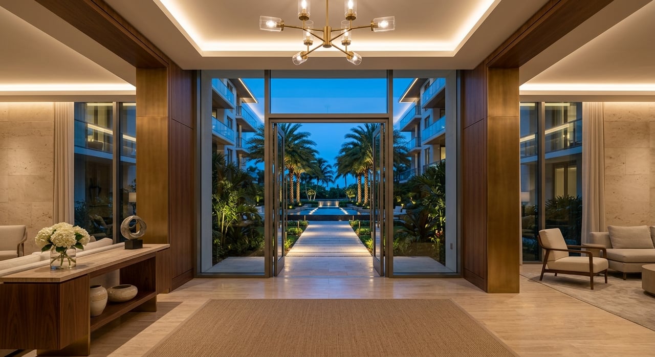 Bronze-framed glass doors open onto a palm courtyard with limestone paving and a narrow reflecting rill.