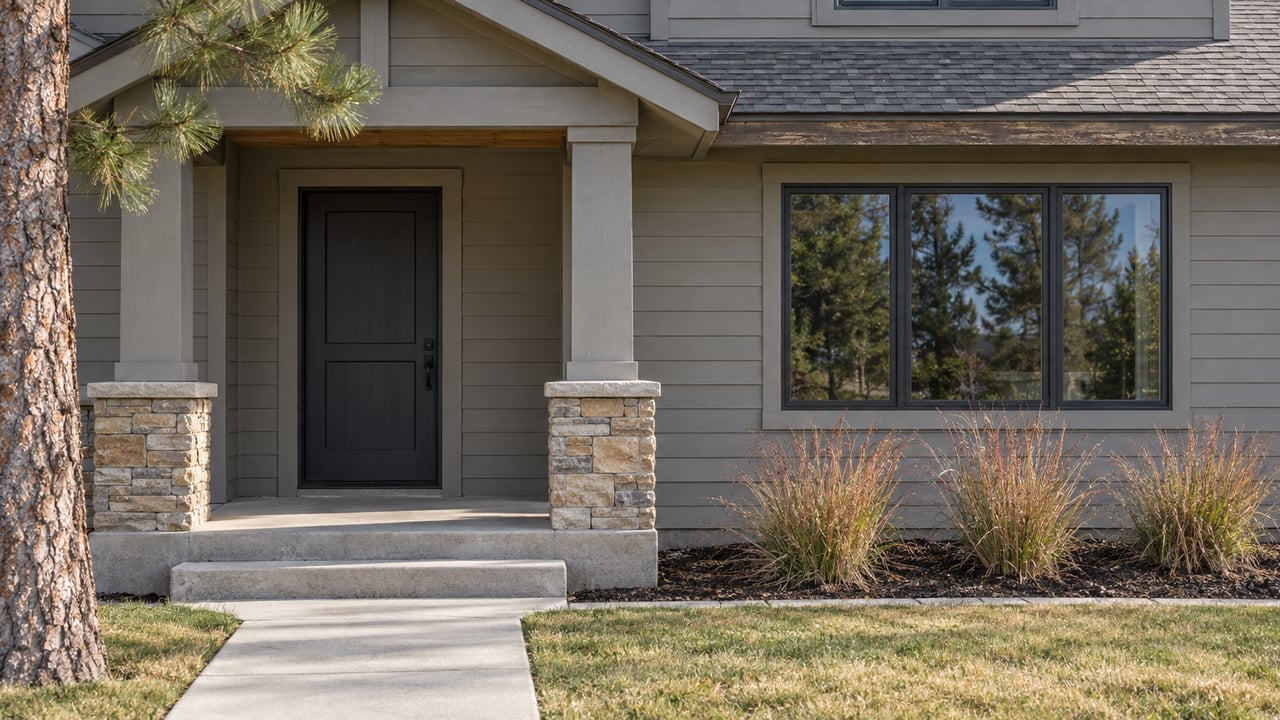 Gabled front porch with gray lap siding, stone entry pier, black door and an autumn lawn beside copper-colored grasses.