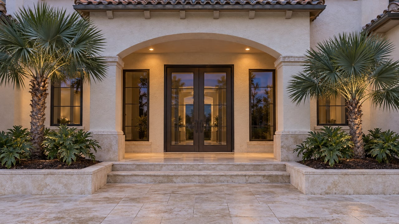 Cream stucco estate entrance with an arched porch, bronze glazed double doors, limestone steps and sculptural fan palms at blue hour.