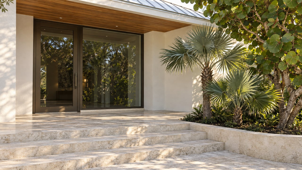 White stucco home with a hardwood-lined entry terrace, limestone steps and sculptural sea grape and silver thatch palms.