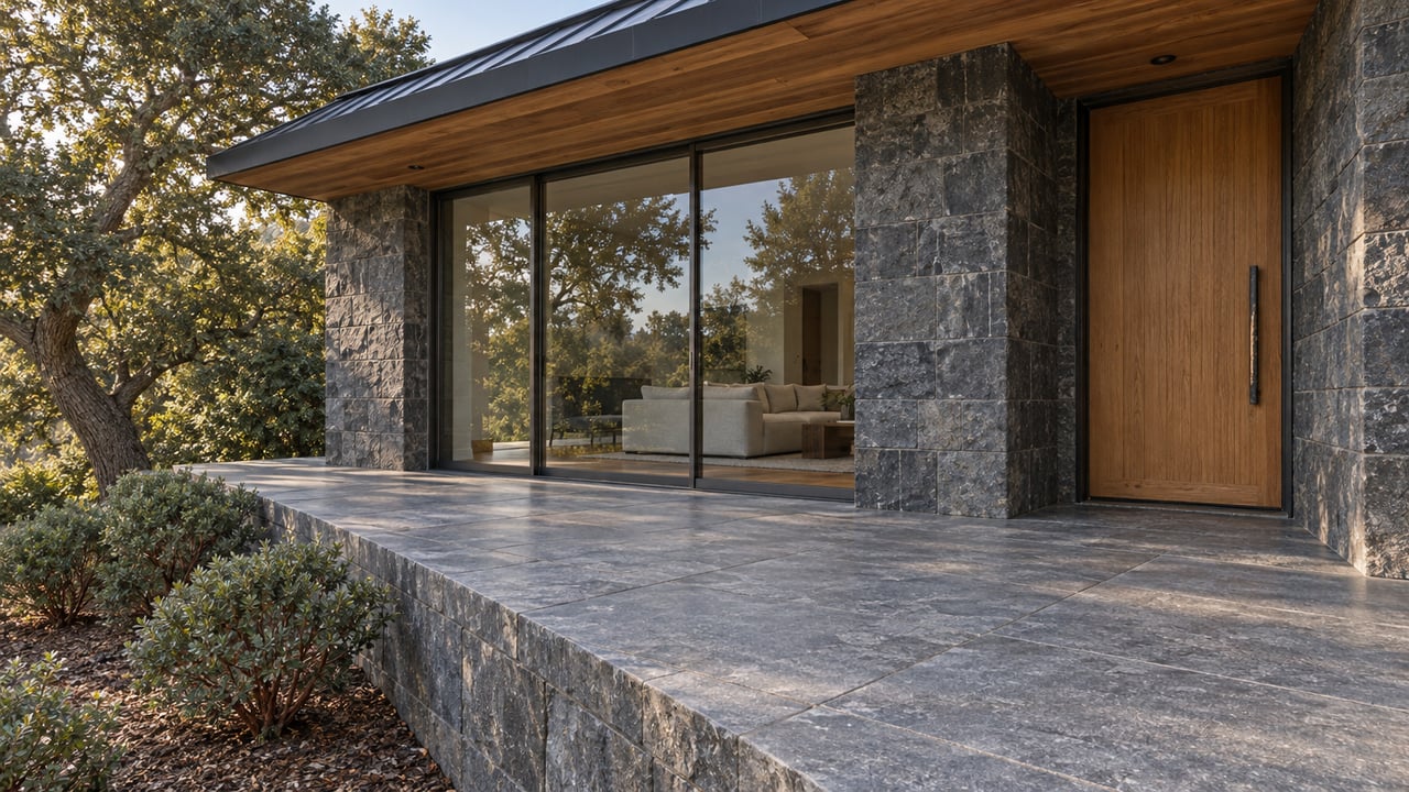 Stone terrace beside a timber entry and dark-framed glass, with a mature oak and sculptural shrubs beyond a basalt retaining edge.