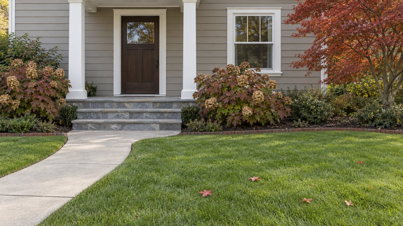 A gray clapboard home with a bluestone porch, curved front walk and bronze-red autumn planting.
