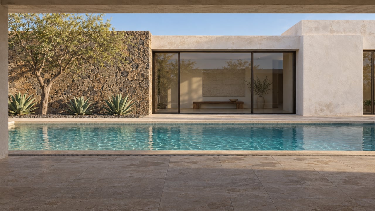 Villa courtyard with a rippling turquoise pool, volcanic-stone wall, and desert plants beside a shaded limestone terrace.