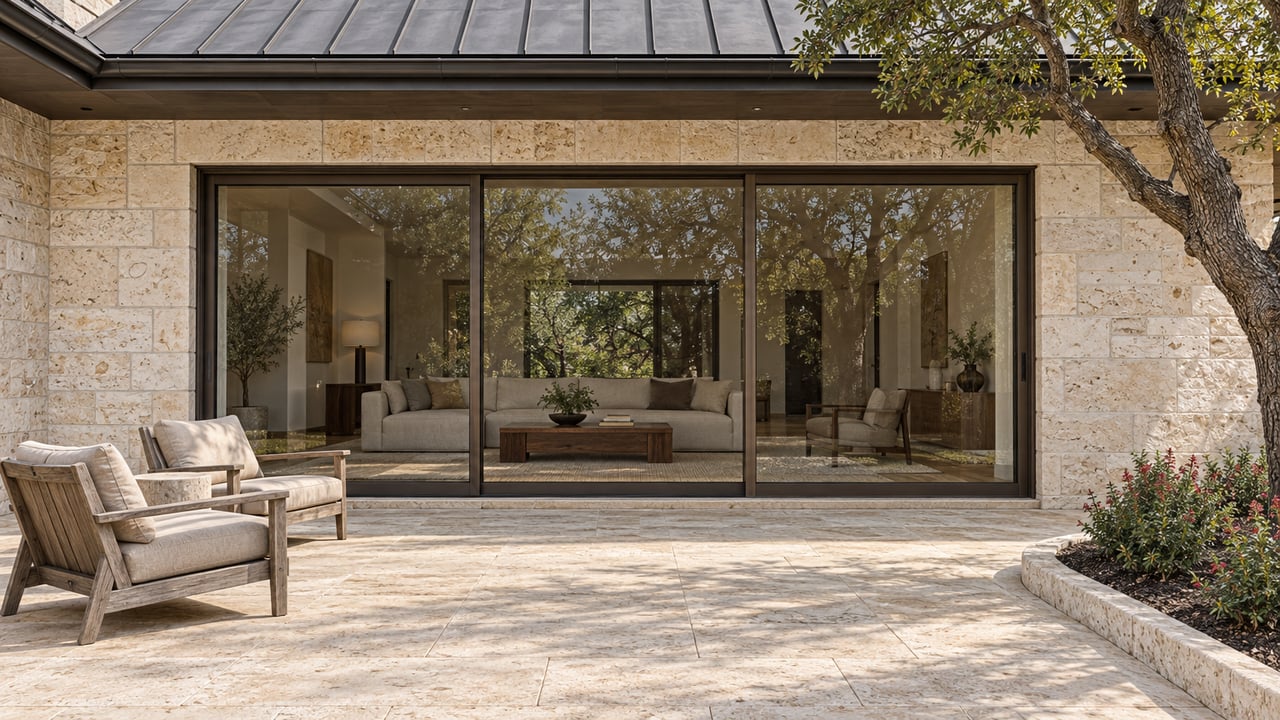 Limestone home with bronze-framed glass doors, a broad stone terrace, weathered teak chairs and a mature live oak.