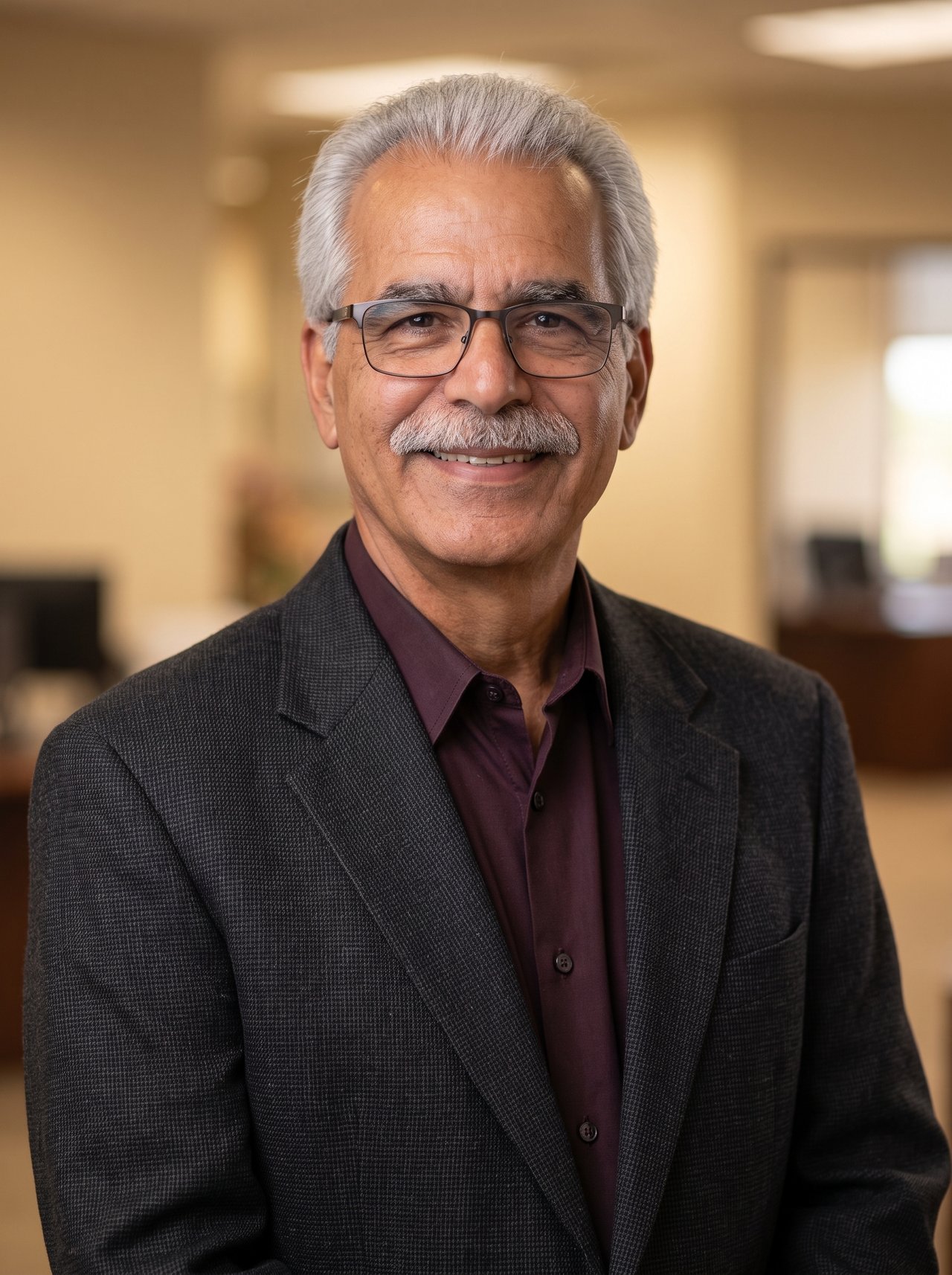 Edvard Eshagh in glasses and a dark blazer, smiling against a softly blurred office background.