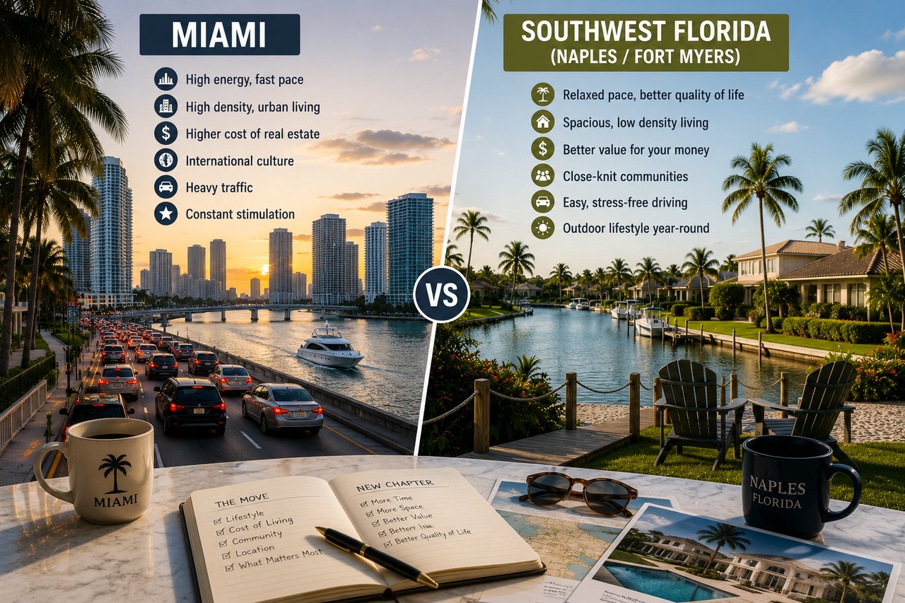 Split view comparing Miami's skyline, traffic, and urban lifestyle with the relaxed waterfront living of Naples and Fort Myers, illustrating the lifestyle differences for people relocating from Miami to Southwest Florida.