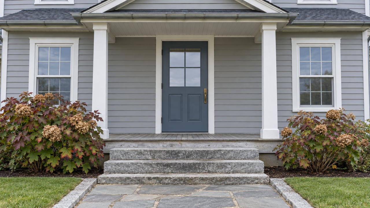 Gray clapboard home with a blue front door, white porch posts, weathered granite steps and autumn oakleaf hydrangeas.