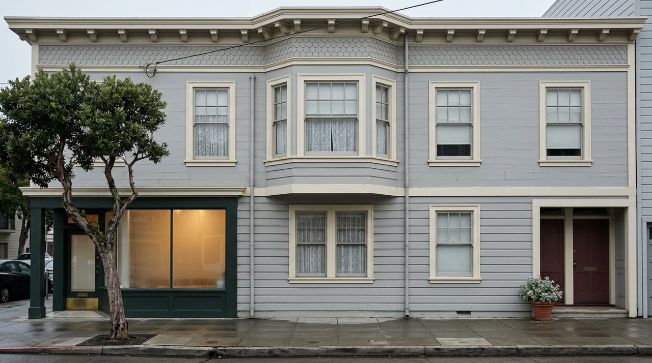 Three-story Edwardian facade with a centered bay window, oxblood entry, and dark green storefront.