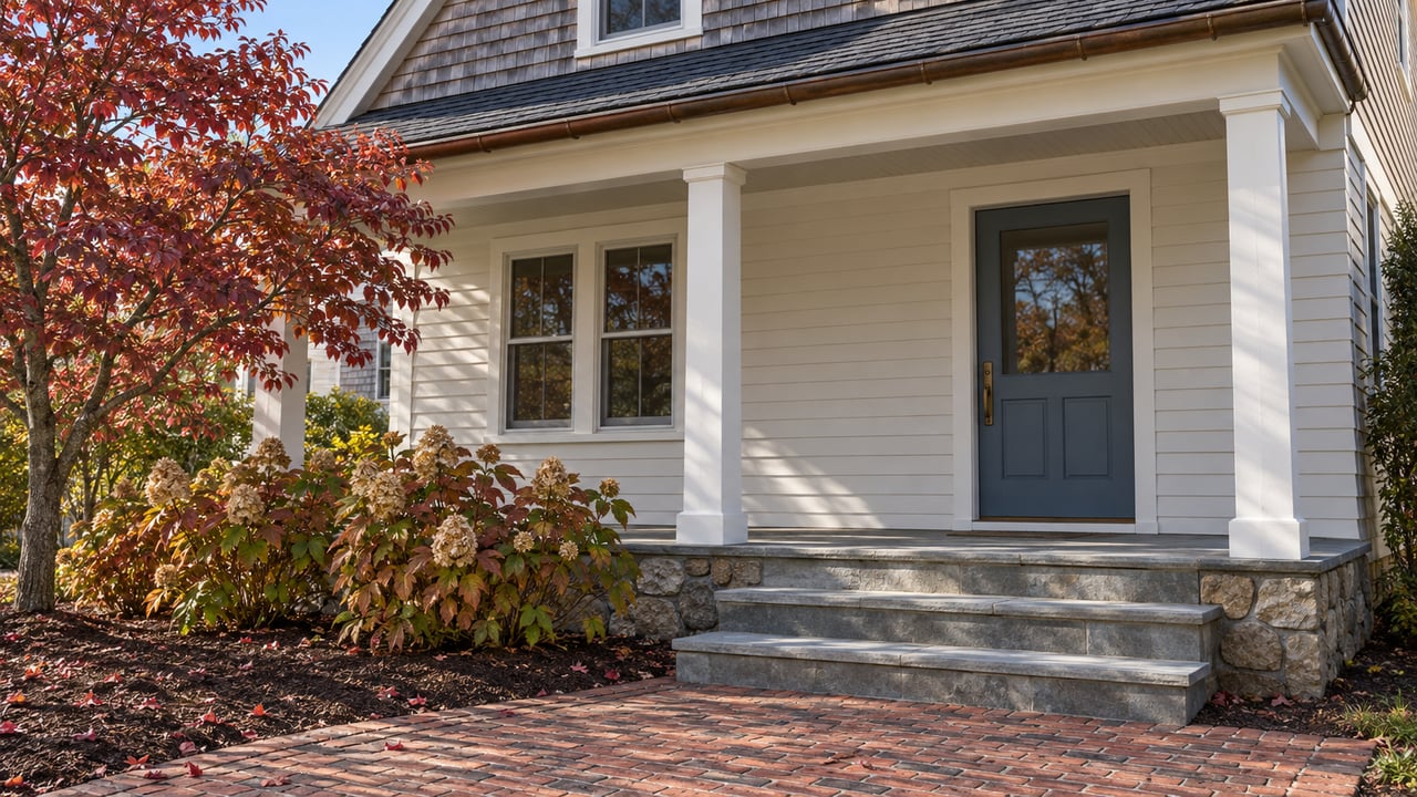 Ivory clapboard home with a blue-gray front door, bluestone porch steps, a brick walk and burgundy autumn dogwood foliage.