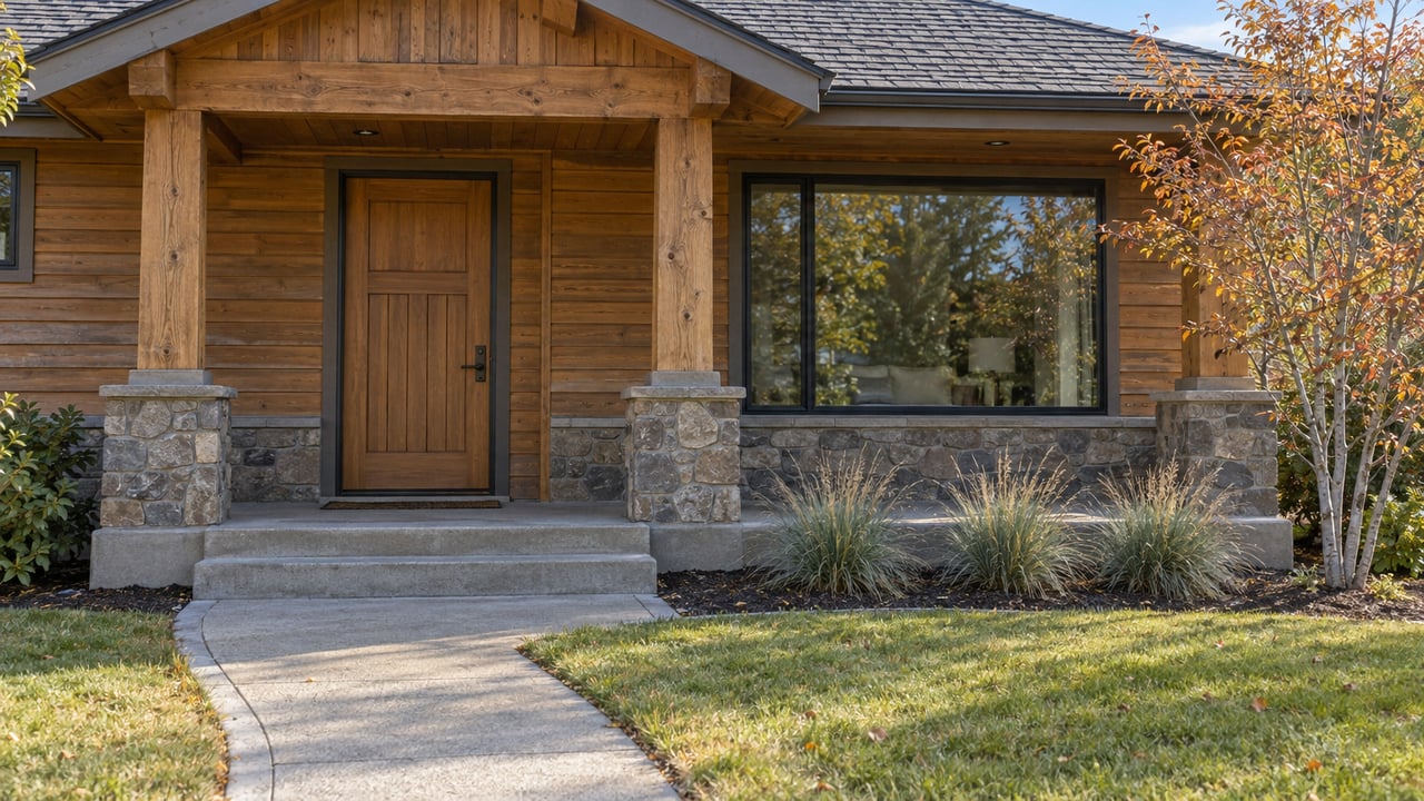 Sunlit cedar-sided home with a timber-covered entry, basalt porch base, concrete walk, and copper-leaved serviceberry.