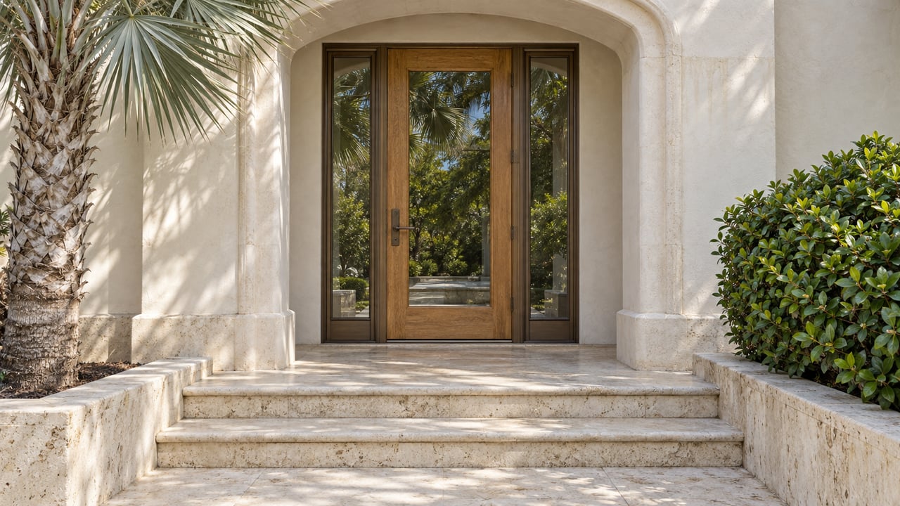 An ivory stucco home entrance with a glazed oak door, limestone steps and a silver-green fan palm.