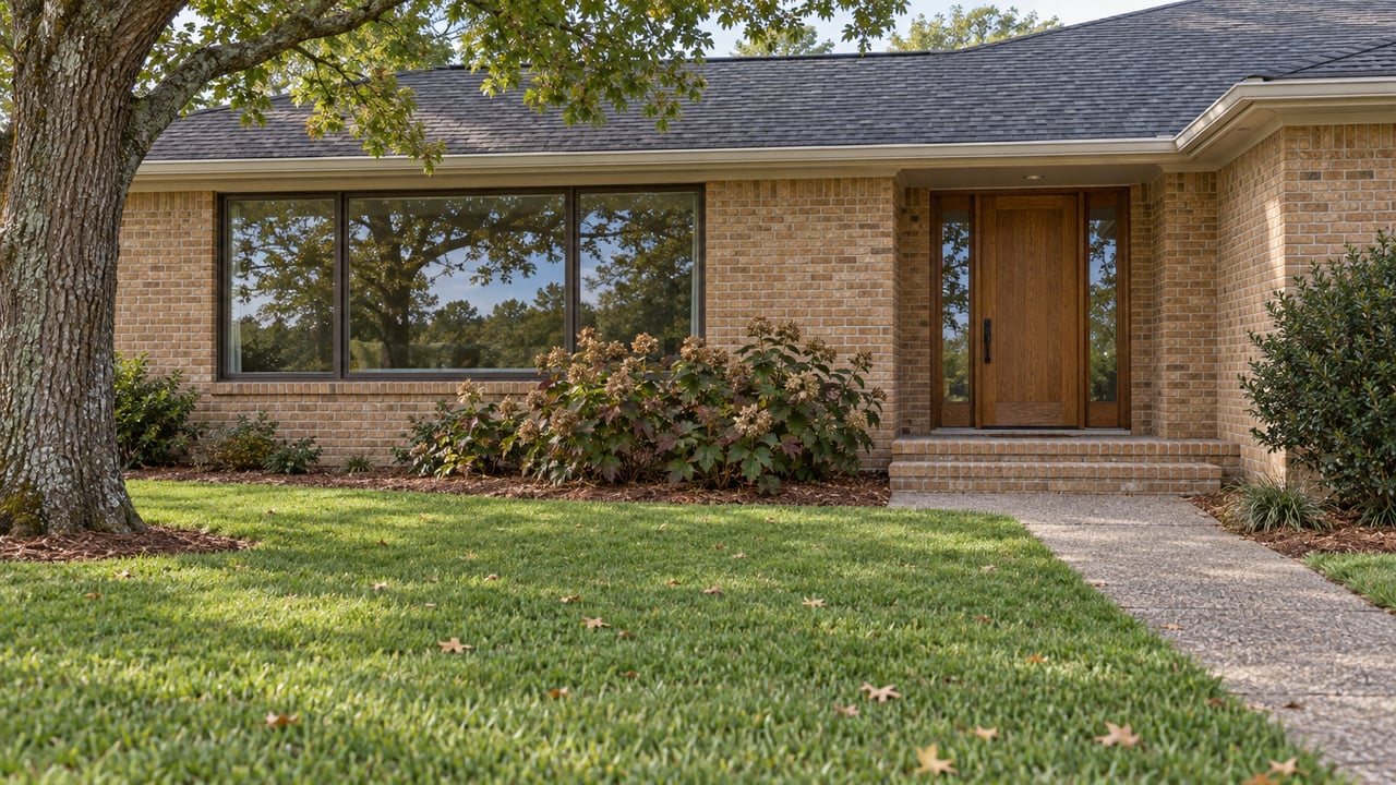 Renovated single-story brick home with an oak entry door, broad lawn, mature white oak and autumn oakleaf hydrangeas.