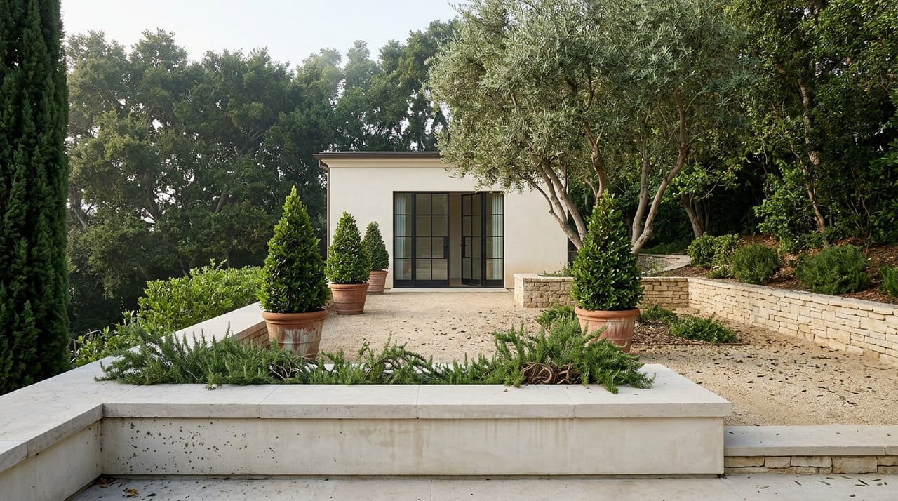 Terraced garden with limestone walls, gravel path, olive tree, and pavilion French doors.