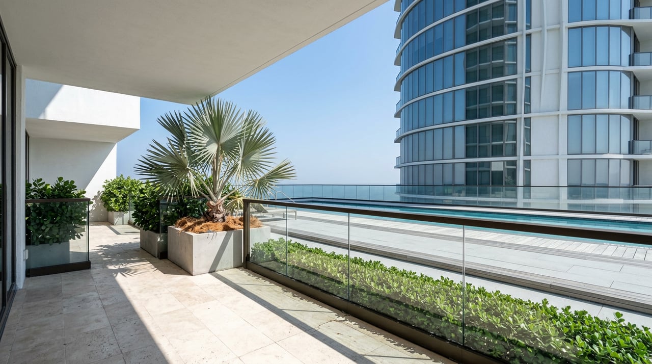 High-rise terrace with silver-blue palm, glass railing, and a neighboring curved tower above a sunlit podium deck.