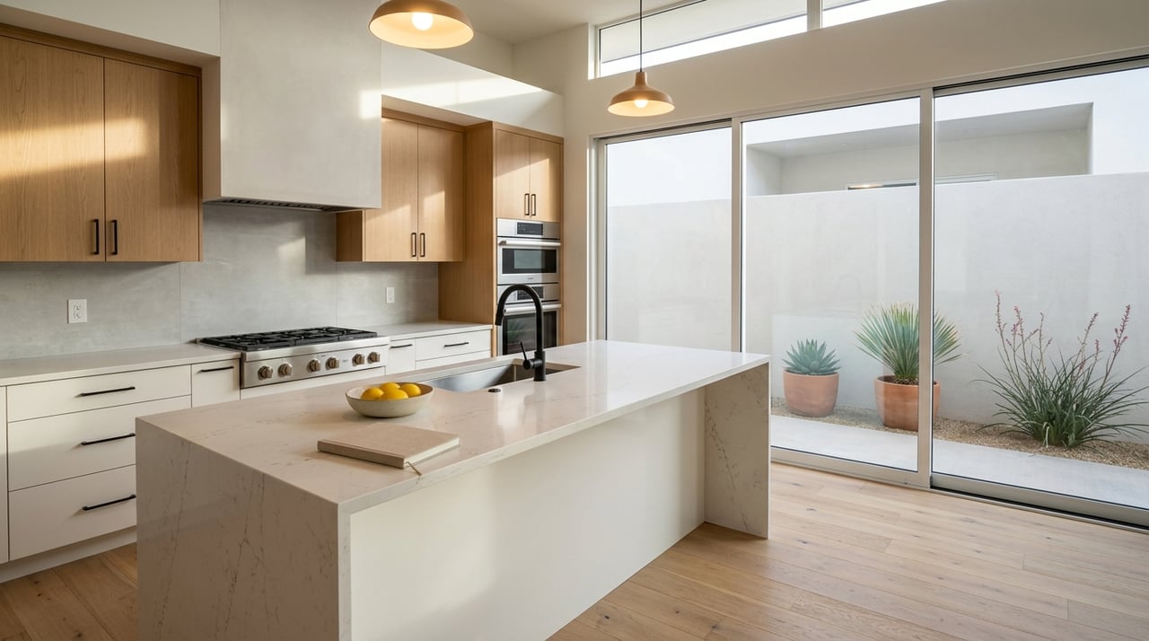 Contemporary kitchen with a waterfall quartz island, black-framed windows, and a xeriscaped patio view.