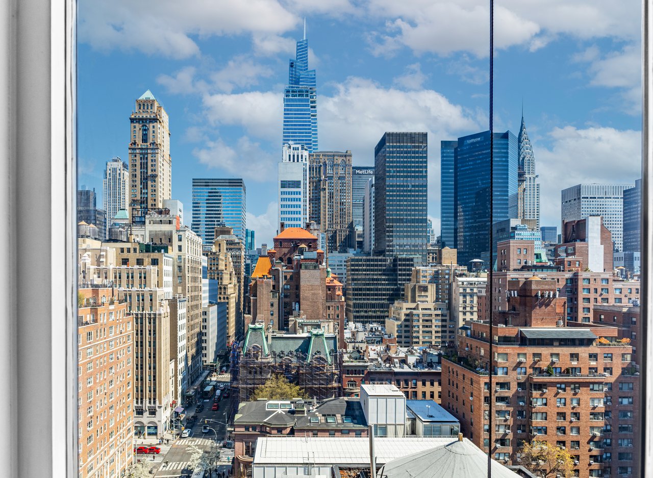 Illustration showing common NYC property types including studio apartments, alcove studios, lofts, penthouses, duplexes, townhouses, brownstones, condominiums, co-ops, and multifamily homes.