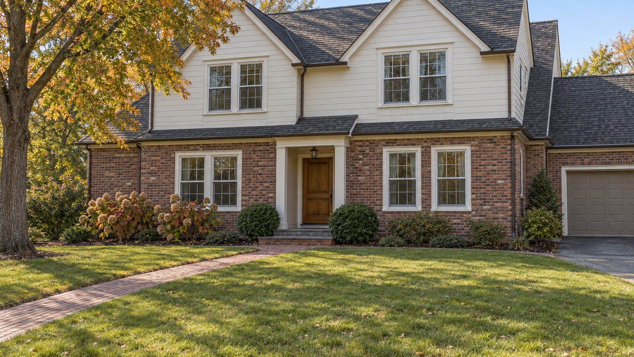 A two-story brick and ivory-sided home behind a deep lawn and brick walkway, with amber maple foliage and autumn hydrangeas.
