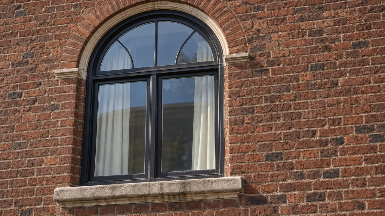Arched black-framed window set in weathered russet brick above a pale limestone sill.