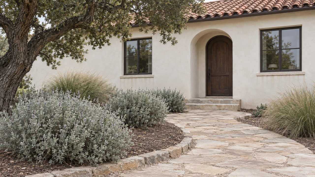 Off-white stucco house with a terracotta roof, arched oak door, sandstone path, and mature tree beside sparse plantings.
