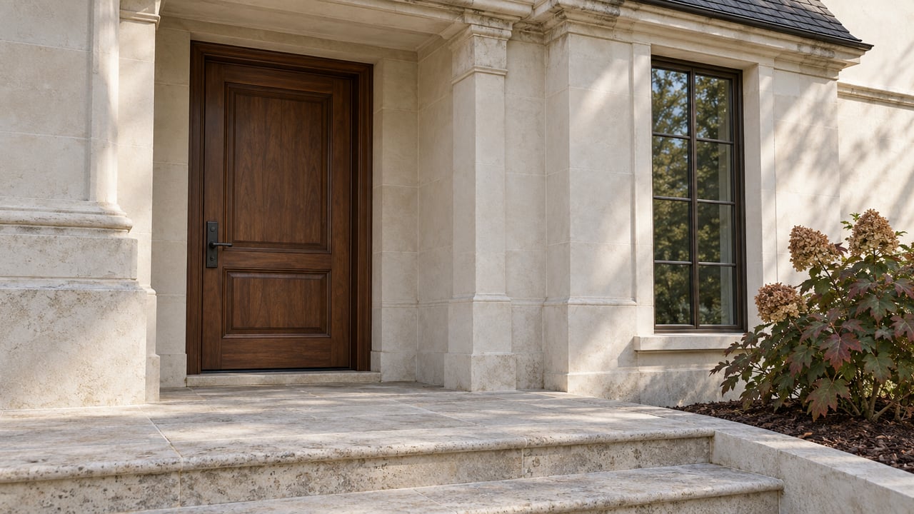 Sunlit pale masonry entry with a walnut door, tall bronze-framed window, worn limestone steps and an oakleaf hydrangea.