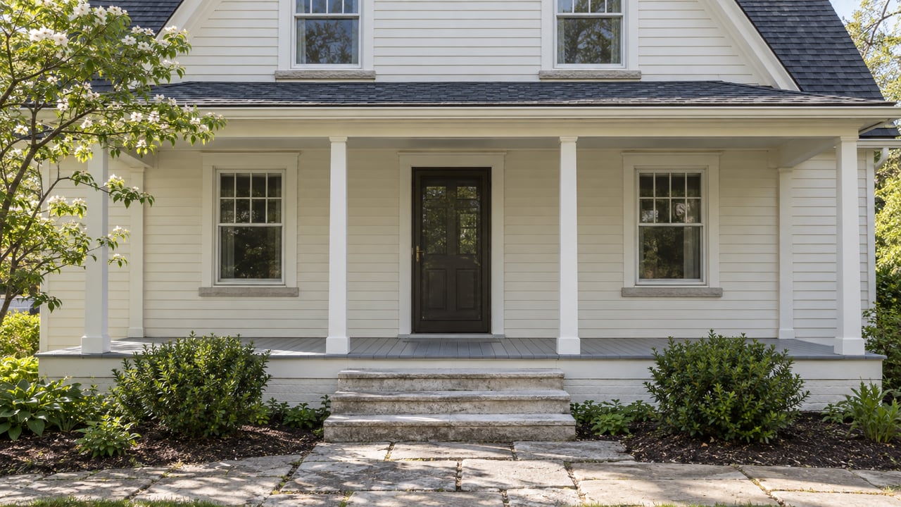 Cream clapboard house with a covered porch, four slender posts, limestone steps, and a centered dark storm door.