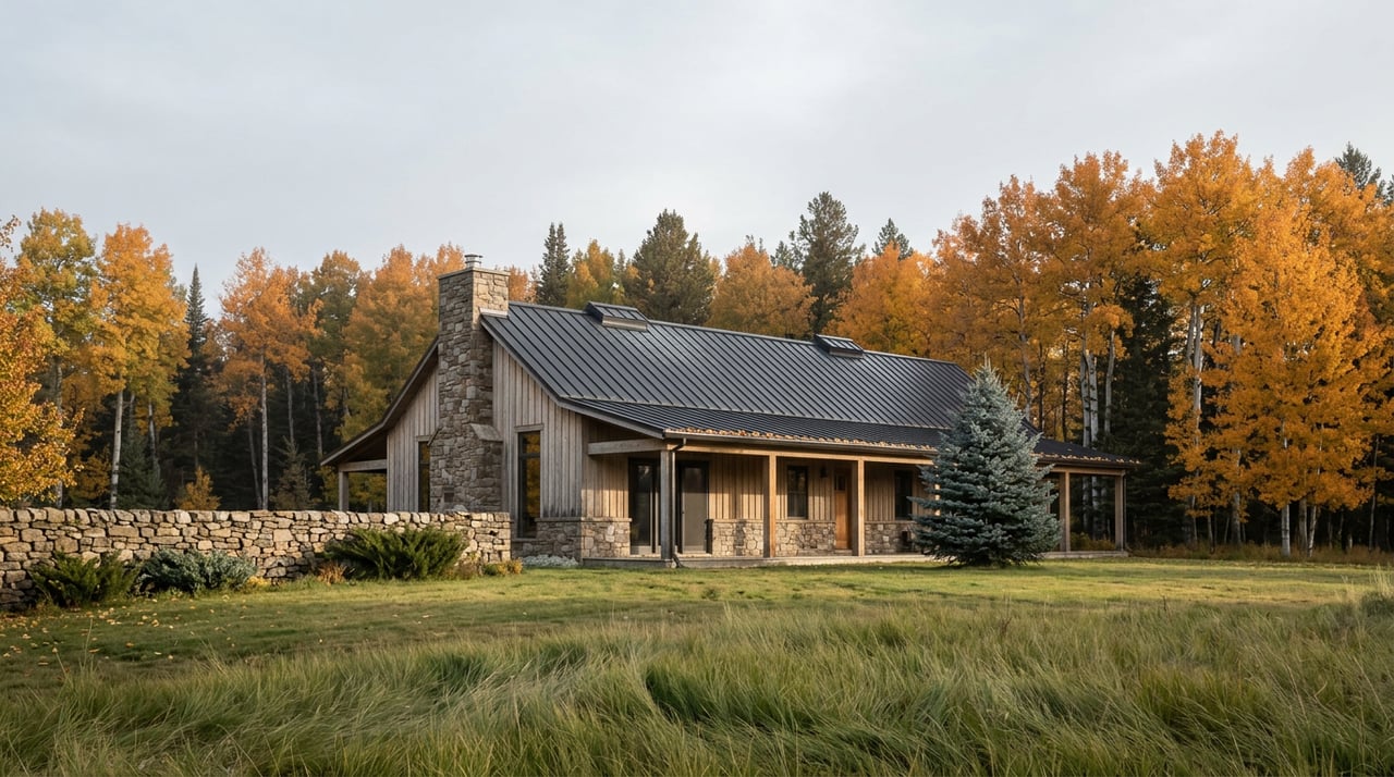 Stone-and-oak ranch house beyond an open meadow, with golden aspens and a low stone wall.