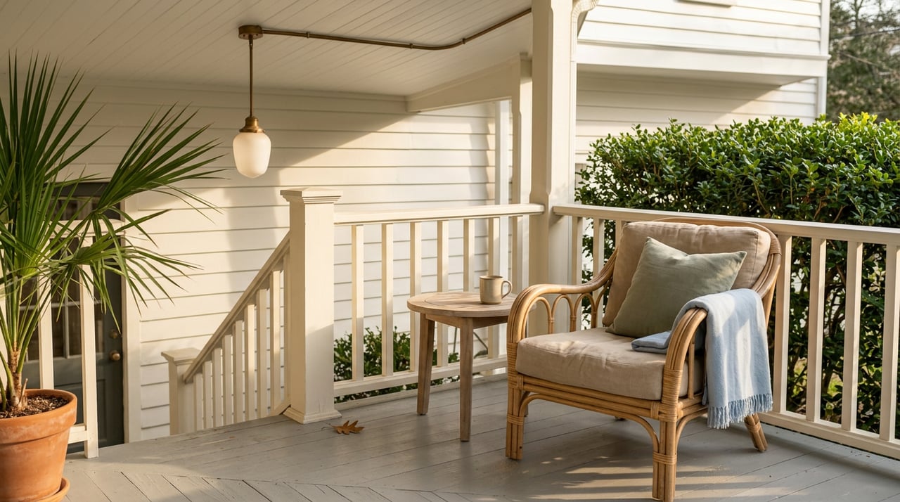 Rattan armchair with a sage pillow beside a teak table and mug on a cottage porch.