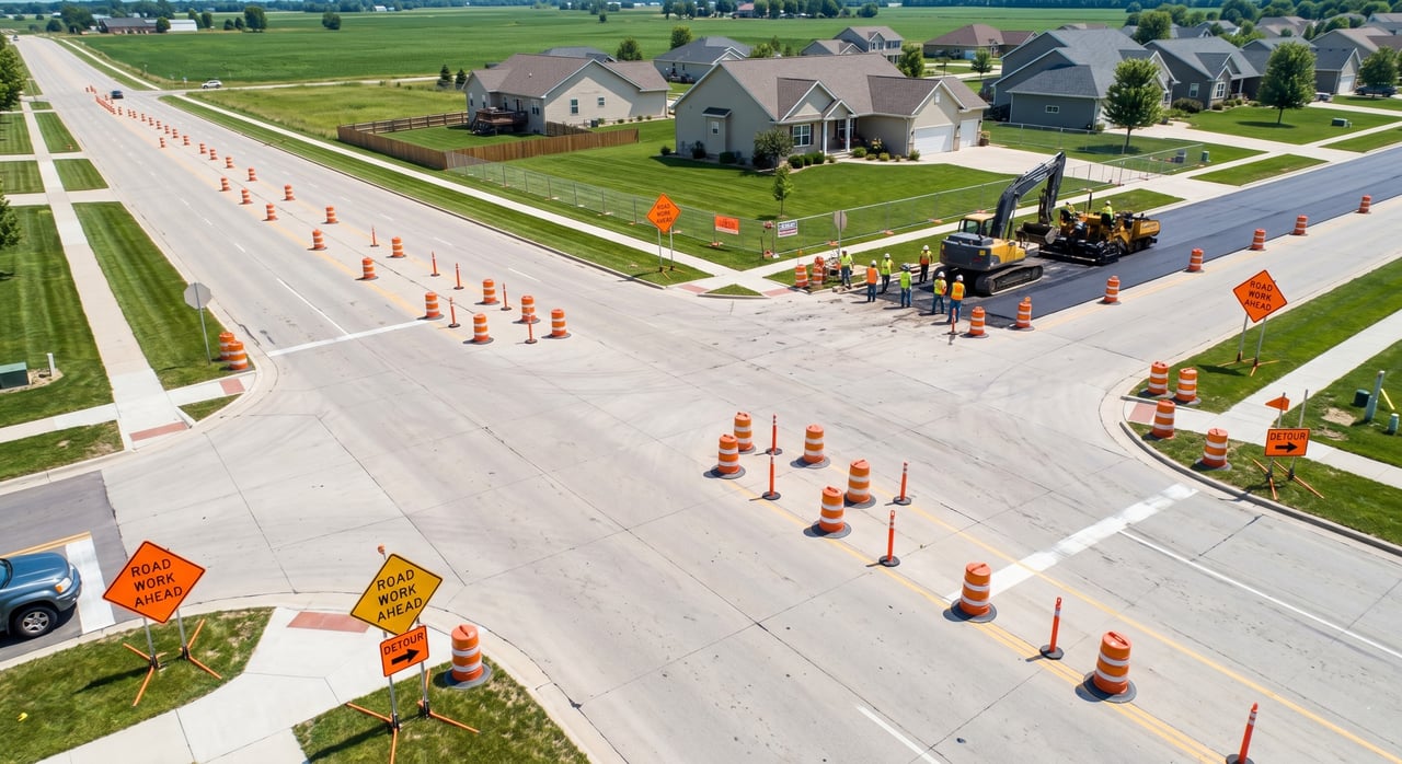 Orange construction barrels lining a residential street in Sun Prairie, Wisconsin, during summer road improvements.