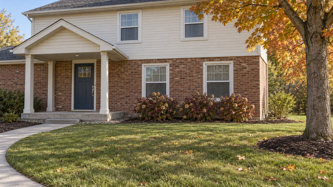 Brick and ivory-sided two-story home with a sheltered blue front door, deep autumn lawn, and amber maple foliage.