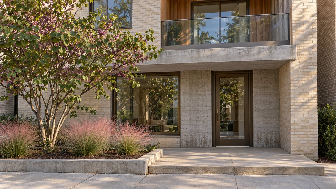 Contemporary attached home with buff brick, concrete entry terrace, bronze-framed glazing and a cedar-lined balcony beside a flowering-grass planting bed.