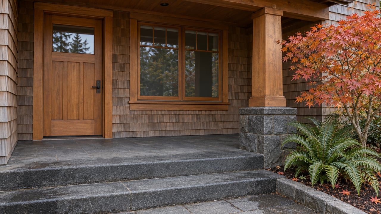 A sheltered cedar-shingled home entry with a wood door, basalt steps, and autumn vine maple leaves.
