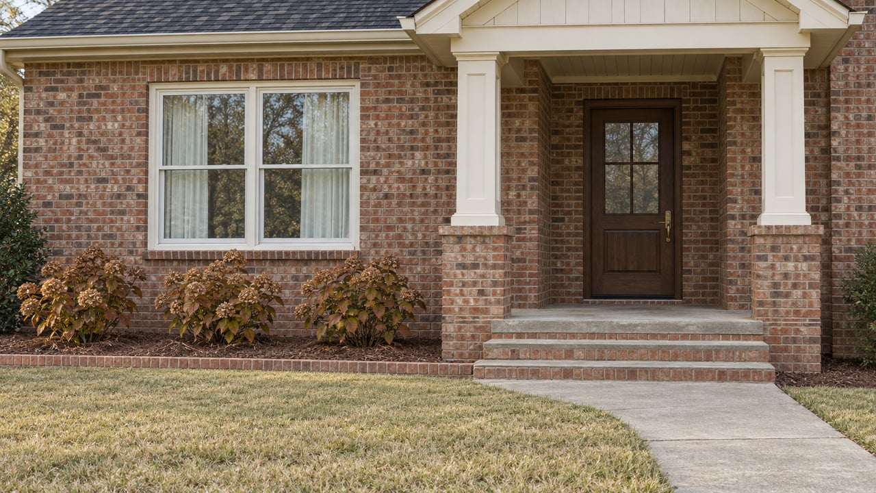Brick home entrance with paired ivory porch columns, a brown glazed door, broad steps and a lawn beside oakleaf hydrangeas.