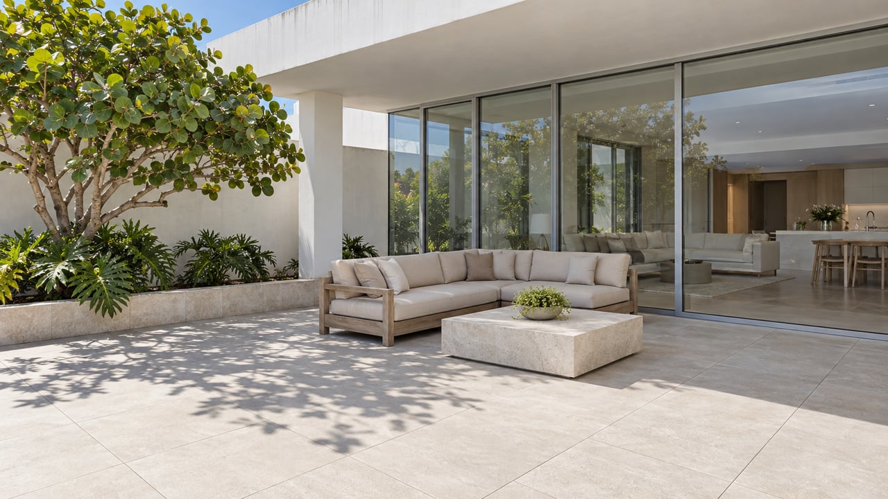 Sunlit terrace with pale tile, weathered teak seating, a sea grape tree and closed glass doors into a modern living room.