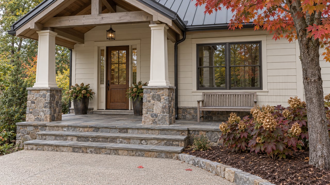 Covered porch with ivory siding, stone steps, bronze-framed windows and autumn oakleaf hydrangeas beside a red maple.
