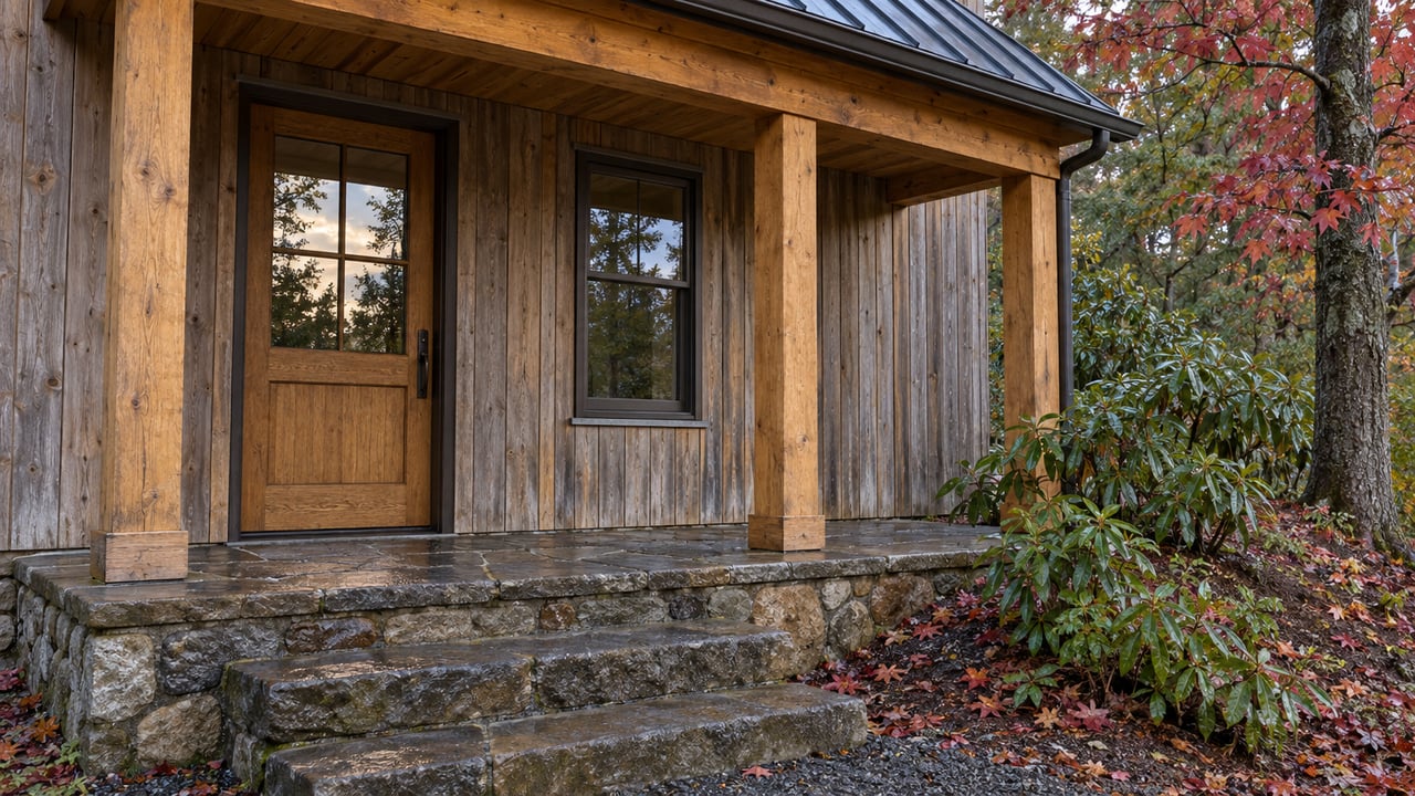 Weathered cedar cabin entry with a glazed oak door, covered stone landing and broad stone steps beside red maple and rhododendron.
