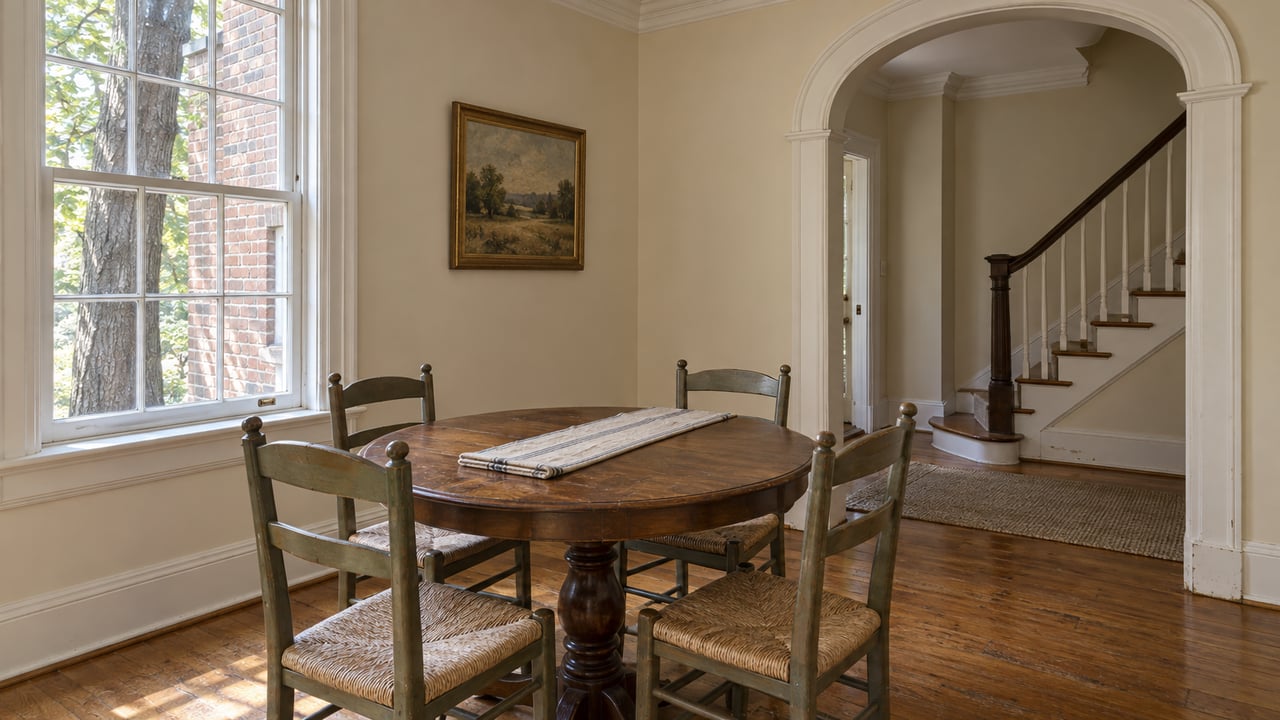 Breakfast room with a round walnut table, four chairs, a multi-pane window, and a stairway through an arch.