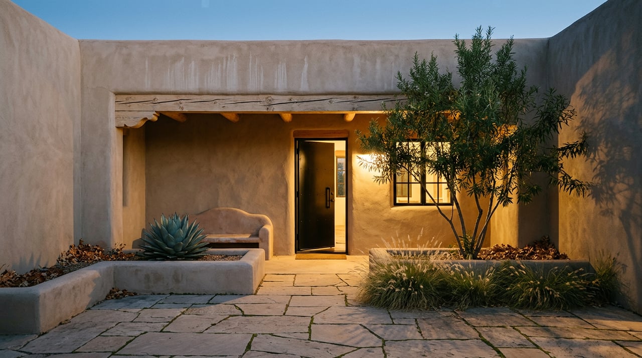 Desert-modern home’s covered entry glowing warmly at dusk, with a flagstone courtyard, agave planters, and a flat parapet.