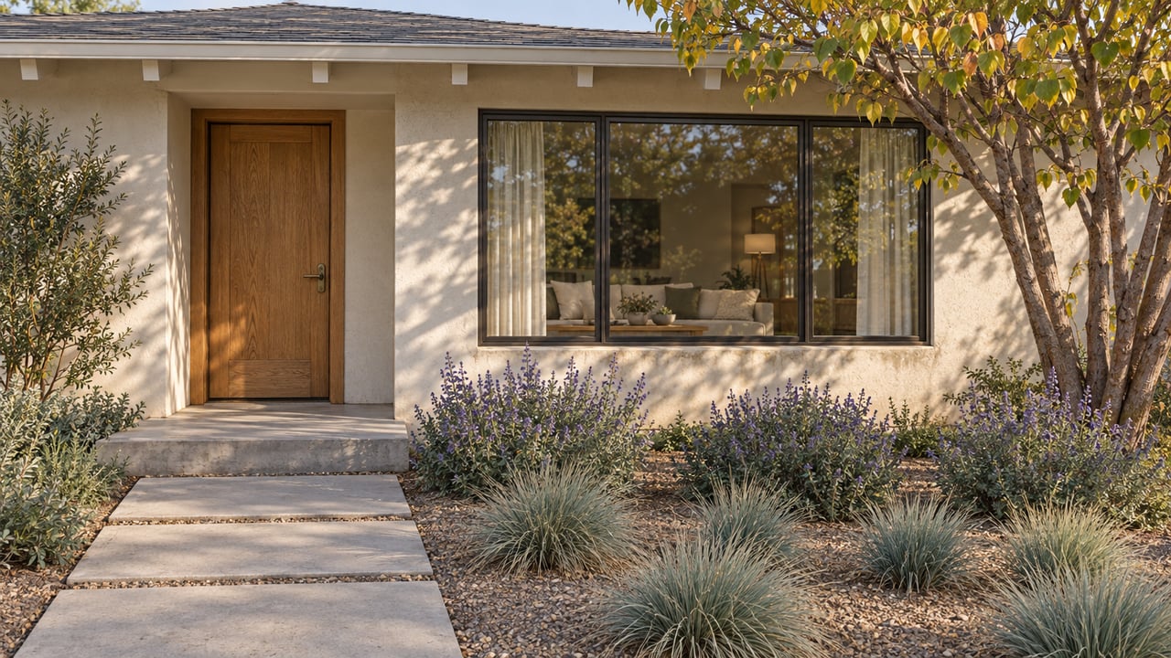 An ivory stucco cottage with an oak front door, bronze-framed window and concrete garden approach in warm autumn light.
