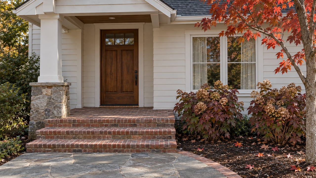 Covered entry with a walnut door, white siding, stone column base and brick steps beside red maple leaves and oakleaf hydrangeas.