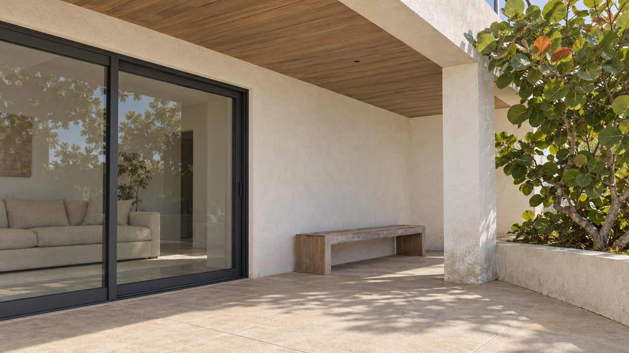 A shaded residential terrace with ivory stucco, timber soffit, closed glass doors, a weathered teak bench, and a sea-grape planter.