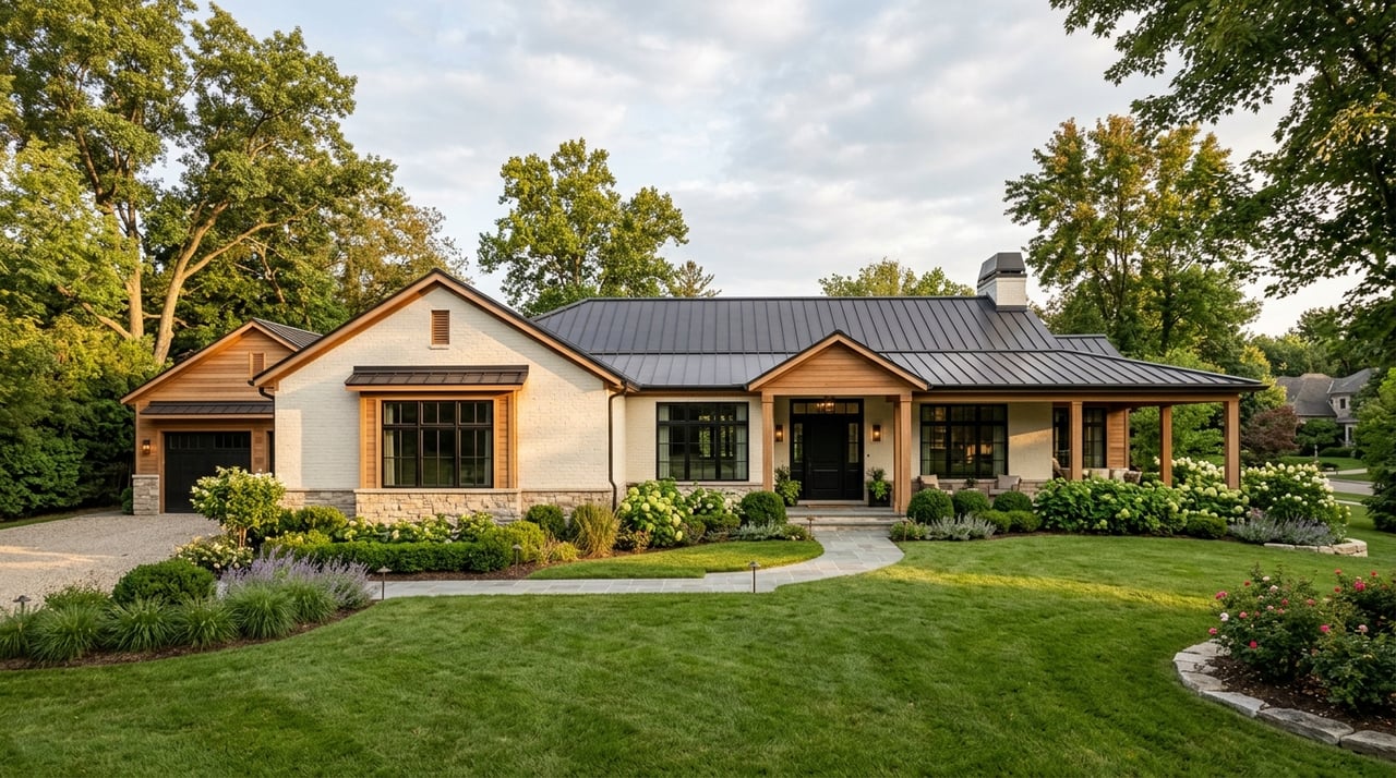 Warm-white brick ranch with a steep gable, recessed porch, two-car garage, curving driveway, and mature trees overhead.