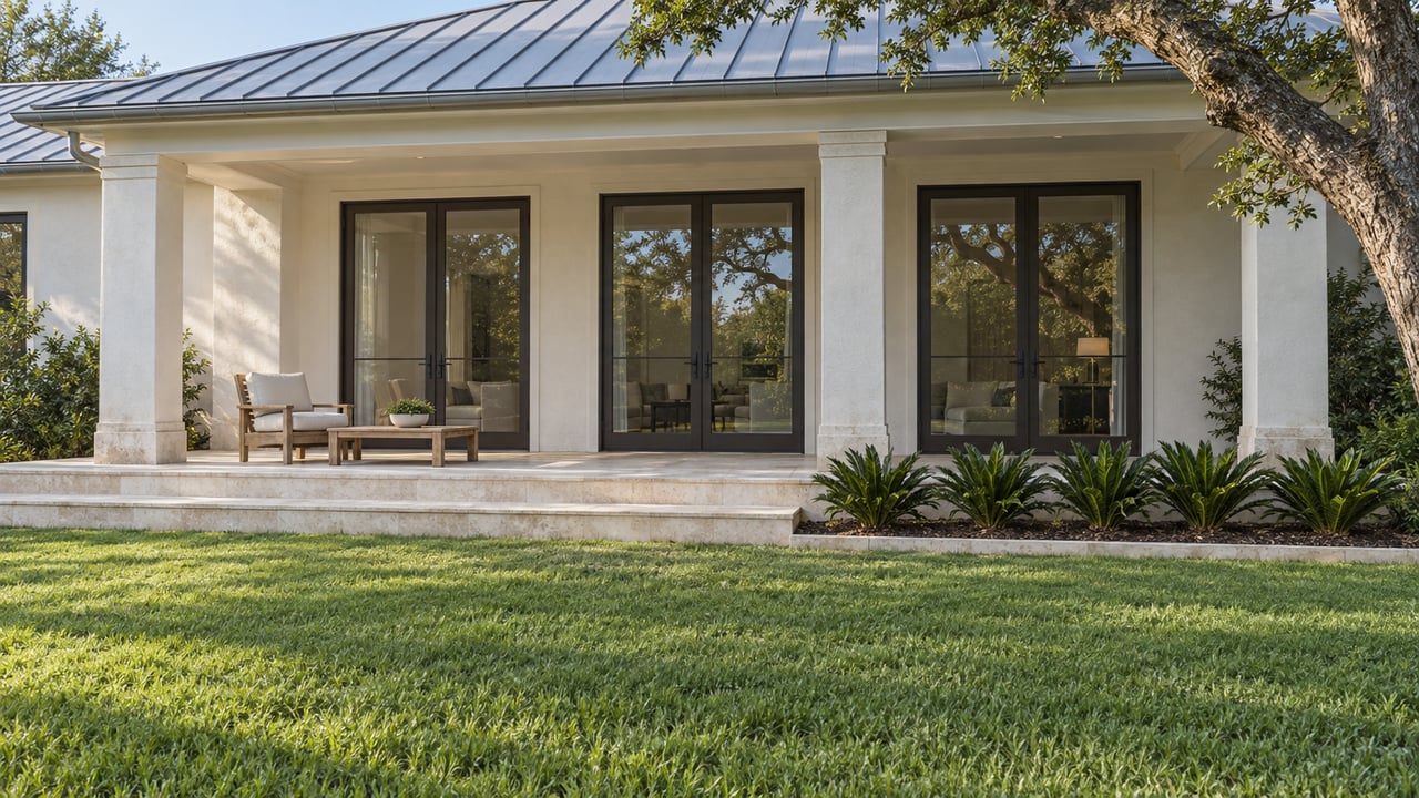 A white stucco estate terrace with bronze-framed glass doors, limestone steps, a teak chair and a deep green lawn beneath a spreading live oak.