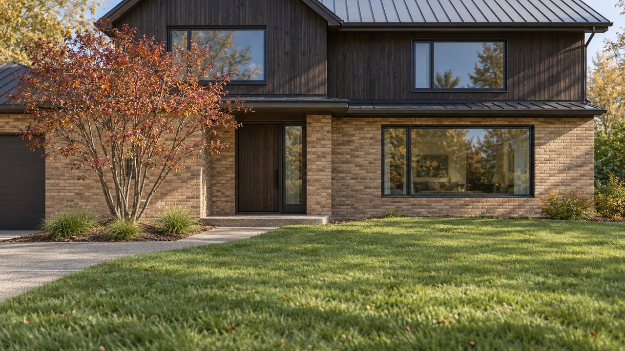Detached two-story home with buff brick, dark cedar siding, and a broad sloping lawn.