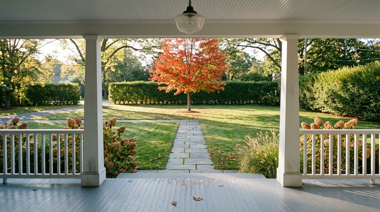 Covered porch framing a flagstone walk, lawn, and scarlet-orange tree beside a clipped hedge.
