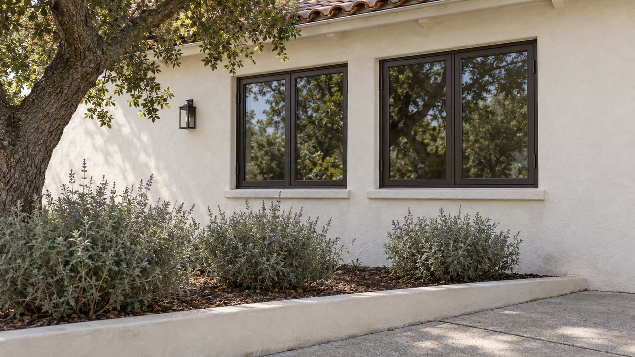 Ivory stucco house wall with paired bronze-framed windows above a planted bed and concrete path.