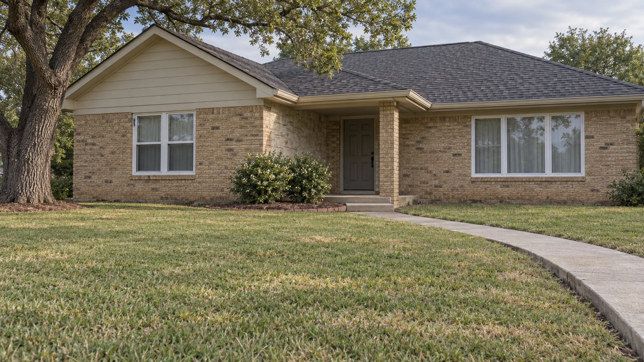 A single-story buff-brick home with a gabled roof, sheltered front entry, broad lawn, and mature oak in soft afternoon light.