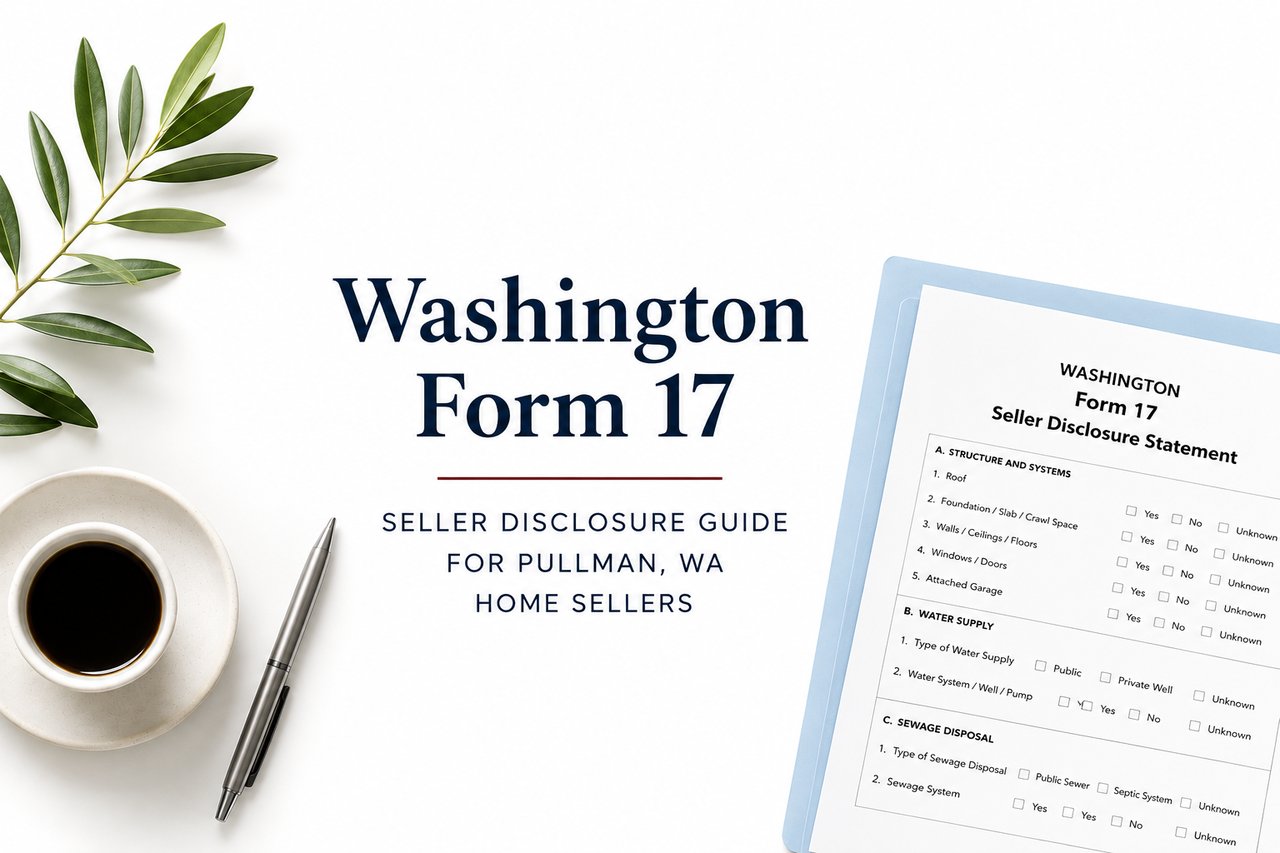 Modern illustration representing Washington Form 17 seller disclosure paperwork for homeowners preparing to sell a home in Pullman, WA.