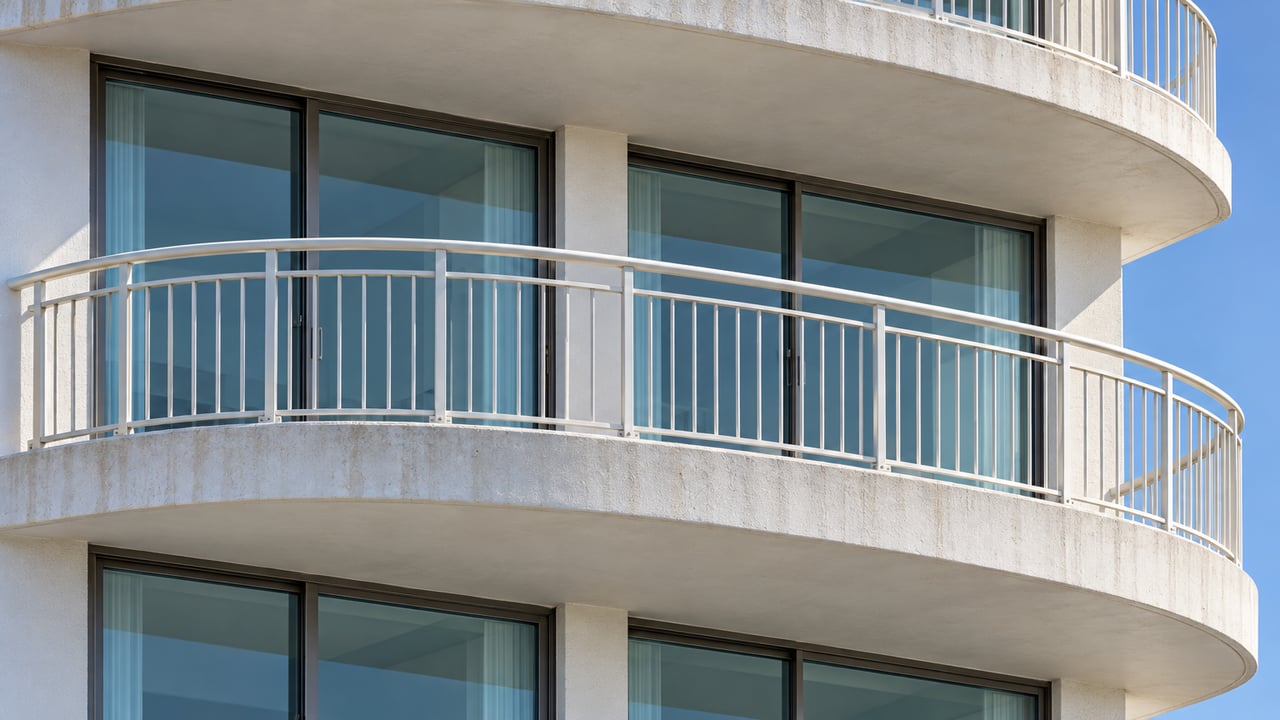 Two curved condominium balconies with white concrete edges, metal rails, and aqua-tinted sliding glass doors.