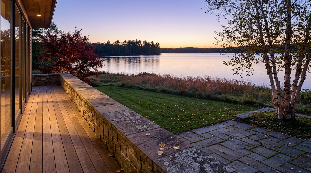 Elevated lake-home deck overlooking a stone terrace, red maple, copper grasses, calm water, and distant pine trees at dusk.